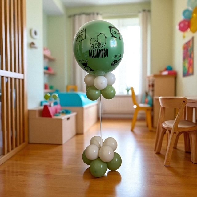 Columna de globos verde salvia y blancos con burbuja personalizada de bebé “Alejandro”